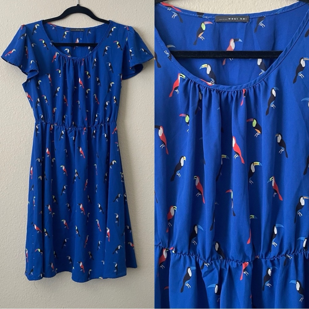 west kei colorful toucan patterned flutter sleeve dress
